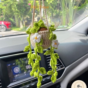 Cute Potted Plant Car Mirror Hanging,Handmade Knitted Rear View Mirror Accessories, Car Plant Hanging, Crochet Car Mirror Hanging,Car Hanger