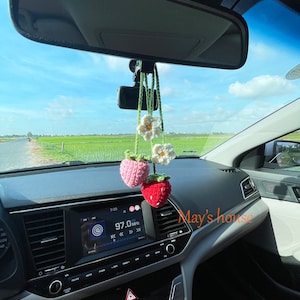 Set of 2 Strawberries fruit car hanging, strawberry car crochet plants, car mirror hanging accessories, car charms, Flower Gift