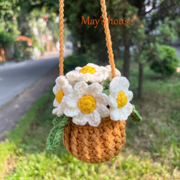 Daisy Basket Car Mirror  Hanging, Handmade Knitted Rear View Mirror Accessories, Car Plant Hanging, Crochet Car Mirror Hanging, Car Decor
