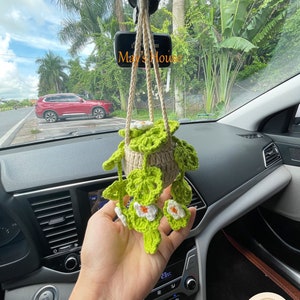 Monstera Plant Car Mirror Hanging,Car Rear View Mirror Accessories,Car Plant Hanging,Crochet Car Mirror Hanging, Car Decor,Crochet Car Plant