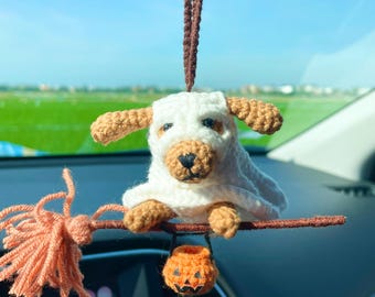 Crochet Halloween Dog Car Hanging, Handmade Ghost Dog Rearview Mirror Charm, Cute Amigurumi Puppy Car Accessory, Spooky Fall Gift
