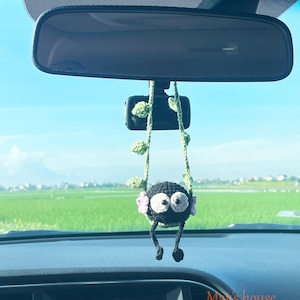 Crochet Black Fluffy Car Charm: Handmade Rearview Mirror Decoration