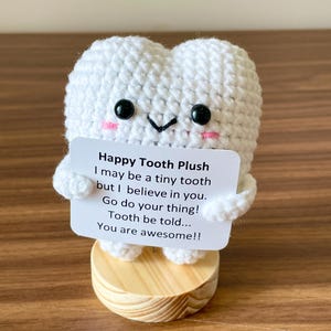 May include: A white crocheted tooth plush with black eyes and pink cheeks, holding a sign that reads "Happy Tooth Plush." The plush is on a small wooden base. The sign has encouraging words.
