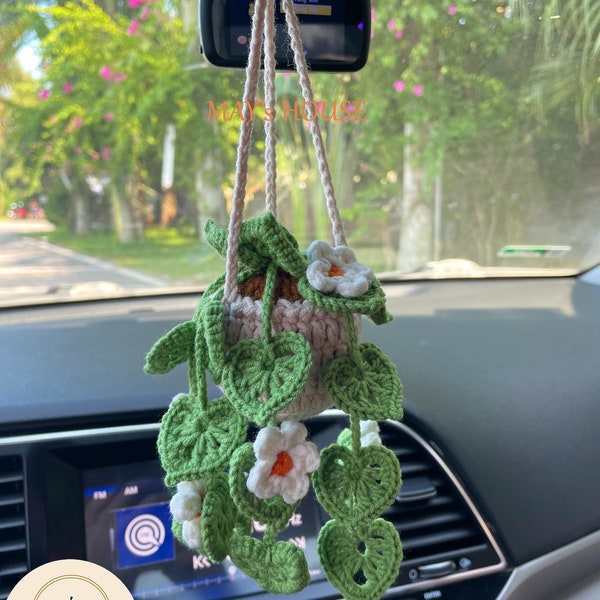 Potted Plant Car Mirror Hanging,Knitted Rear View Mirror Accessories, Car Plant Hanging, Crochet Car Mirror Hanging, Crochet Plant Car Decor