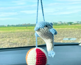 Crochet Dolphin Car Hanging, Handmade Dolphin with Beach Ball, Cute Rearview Mirror Charm, Ocean Animal Car Accessory, Beach Lover Gift