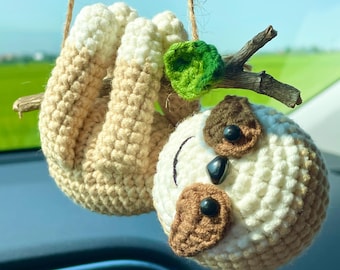 Crochet Sloth Car Charm, Cute Sloth Rearview Mirror Hanging, Handmade Amigurumi Sloth Car Accessory, Kawaii Animal Decor