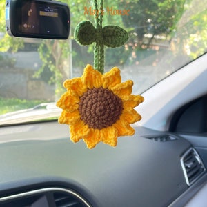 Crochet Sunflower Car Mirror  Hanging, Handmade Knitted Rear View Mirror Accessories, Car Hanging, Crochet Car Mirror Hanging, Car charm