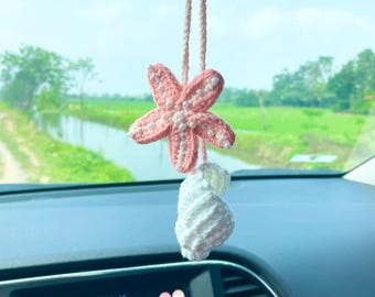 Crochet Starfish Car Hanging, Seashell Rearview Mirror Charm, Cute Beach Car Decor, Handmade Coastal Ornament, Summer Gift for Her