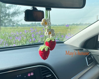 Set of 2 Strawberries fruit car hanging, strawberry car crochet plants, car mirror hanging accessories, car charms, Flower Gift