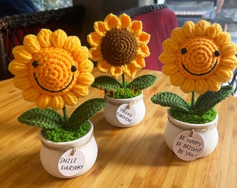 Crochet sunflower plant, crochet rose plant, flower gifts decor, birthday gift, motivational affirmations, positive daily reminders