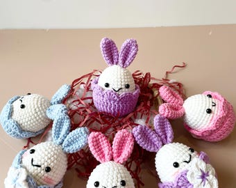 Easter Bunny Plush Crochet, Cute Easter Basket Stuffer, Handmade Amigurumi Rabbit, Pastel Spring Decor, Bunny Eggs Crochet, Gift for Her