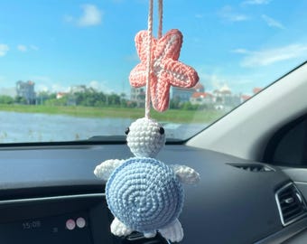 Szydełkowa zawieszka do samochodu w kształcie żółwia i rozgwiazdy, ręcznie robiony wisiorek z żółwiem morskim Amigurumi, urocza dekoracja lusterka wstecznego, prezent dla miłośnika oceanu
