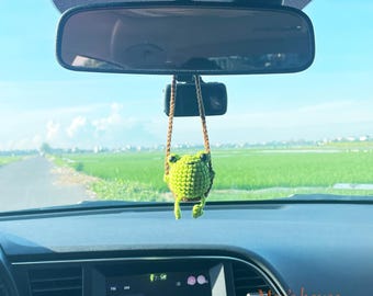 Crochet frog swing ornament, crochet frog swing car charm, cute handmade rearview mirror accessory, car decor
