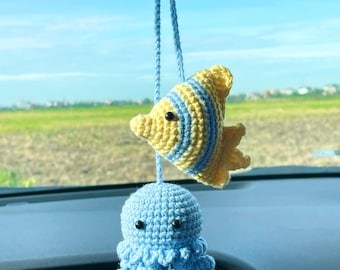 Crochet Fish & Jellyfish Car Hanging, Handmade Ocean-Themed Rearview Mirror Charm, Cute Beach Car Decor, Summer Gift for Her