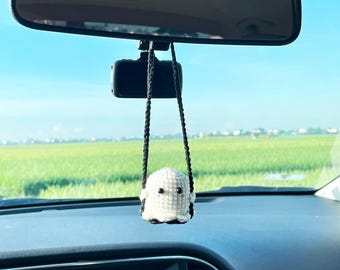 Crochet Ghost Swing Car Charm: Handmade Halloween Rearview Mirror Accessory