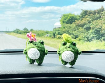 Crochet Frog Holding Leaf, Crochet Frog Holding Lotus Flower, Cute Car Dashboard Decor , Frog Lover Gift. Cute Animal Home or Car Decor