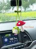 Crochet frog and mushroom ornament, crochet frog car charm, crochet mushroom car charm, car decor product logo