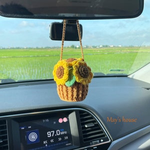 Cute crochet sunflower mirror hanging car accessories, car crochet flower, car mirror hanging accessories, car charms, crochet hanging plant