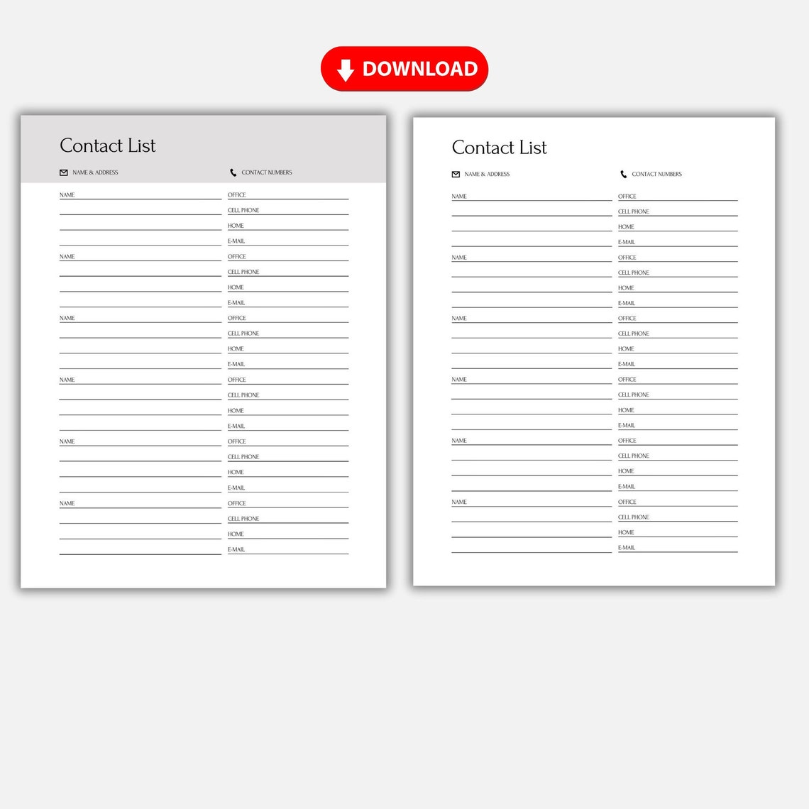 Contact List Printable Phone Number Log Contact List Sheet Address Book ...