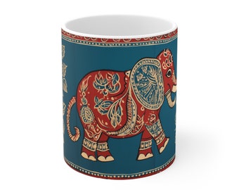 Ethnic Red and Blue Elephant | Kalamkari | Boho Print | Gifts for Her | Gifts for Him | Microwave Safe | Dishwasher Safe | Ceramic Mug 11oz
