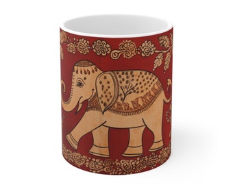 Ethnic Red Elephant | Kalamkari | Boho Print | Gifts for Her | Gifts for Him | Microwave Safe | Dishwasher Safe | Ceramic Mug 11oz
