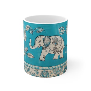 Indian Kalamkari Blue Elephant | Block Print | Gifts for Her | Gifts for Him | Microwave Safe Mug | Dishwasher Safe Mug | Ceramic Mug 11oz