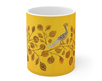 Ethnic Peacock Kalamkari | Boho Print | Gifts for Her | Gifts for Him | Microwave Safe | Dishwasher Safe | Ceramic Mug 11oz