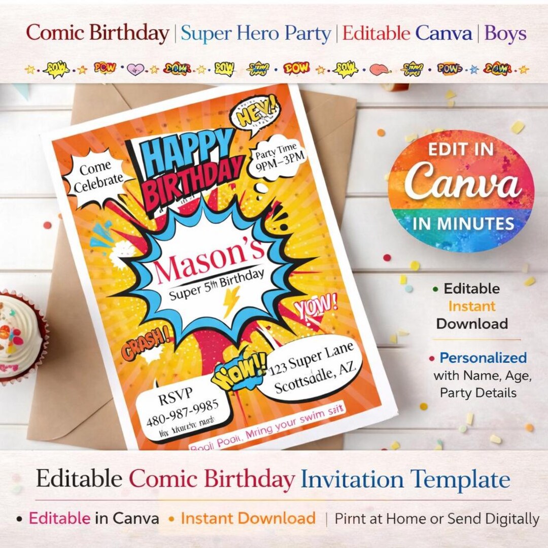 Superhero Birthday Invitation | Editable Canva Invite | Comic Book ...