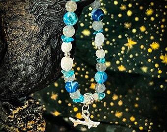 Handmade Blue Agate, Labradorite, Rainbow Moonstone Bracelet with Shark Charm - Gift for a Marine Biologist or Ocean Fan