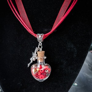 Fairy Pendant Necklace, Bottle Jewelry, Red and Silver Necklace, Fairycore Aesthetic, Ribbon Necklace, Fairytale Wedding, GIft for Her