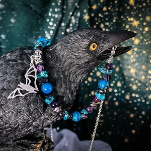 Bat Charm Necklace - Blue Agate, Purple Stripe Agate, Obsidian, Stainless Steel - Unique Night Sky Jewelry, Halloween Gift, Night Flyer