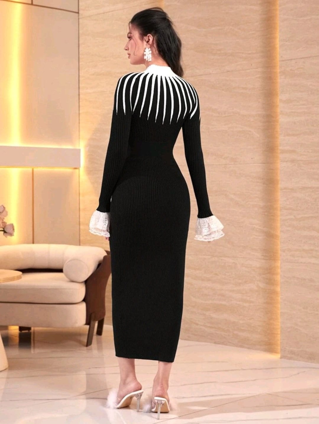 black dress with pearls long sleeve Black Midi Dress with Pearls