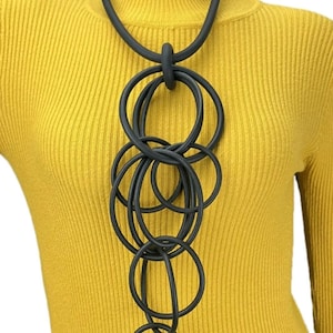 Black Rubber Statement Necklace: Abstract Circle Design