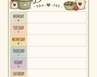 May include: A weekly meal planner chart titled What's for Dinner? featuring illustrations of kitchenware, a cutting board, and a salad bowl. The planner includes seven rows labeled Monday through Sunday, each with a heart icon and blank space.