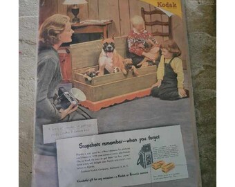 Vintage 1950s Kodak Advertisement 8x12 Family Puppy Children AS IS