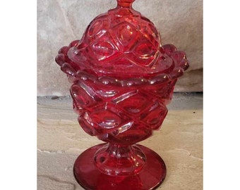 Vintage Dalzell Viking Glass Ruby Red Diamond and Thumbprint Lid Candy Dish 9"