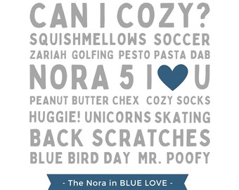 GEPERSONALISEERDE afdrukbare WordArt: "The Nora" in BLAUWE LIEFDE