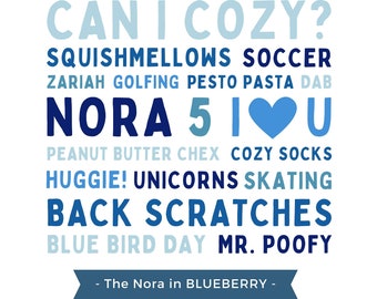 GEPERSONALISEERDE afdrukbare WordArt: "The Nora" in BLUEBERRY