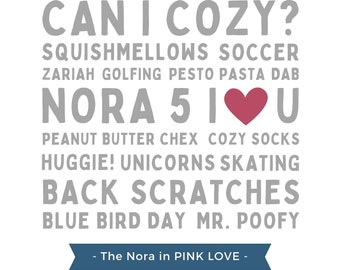 GEPERSONALISEERDE afdrukbare WordArt: "The Nora" in ROZE LIEFDE