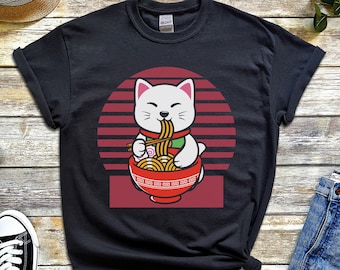 Cute Cat Eating Ramen T-Shirt Gift for Anime Lover Kawaii Cat Slurping Noodle Shirt Cute Cat Eating Asian Food Tee Japanese Wave TShirt