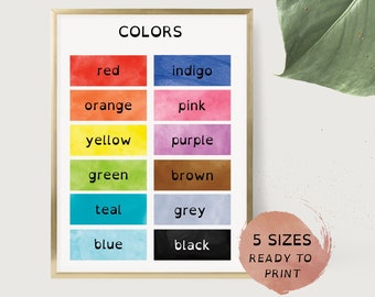 Colors poster, Homeschool decor, Montessori classroom, Kids room wall art, Watercolor style, Printable gift, Digital Download, 5 sizes JPG's