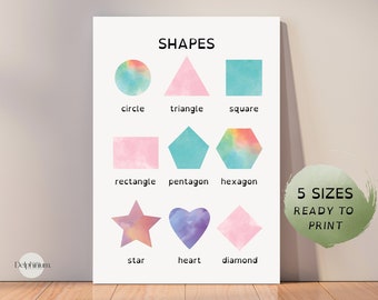 Shapes poster, Homeschool decor, Montessori classroom, Kids room wall art, Watercolor style, Printable gift, Digital Download, 5 sizes JPG's