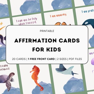 20 carte di affermazione stampabili per bambini con animali dell'oceano / Carte di autostima / Affermazioni "Io sono" / Biglietti per il pranzo / Carte di consapevolezza