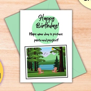 Carte d'anniversaire, Carte d'anniversaire pour campeurs, Anniversaire nature, Anniversaire en plein air, Anniversaire d'un ami, Anniversaire de famille, Carte postale, Lac, Paysage