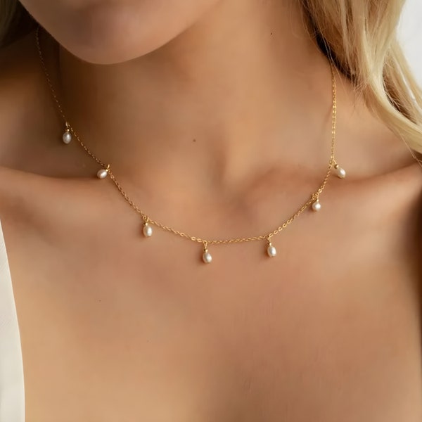 Perlen Halskette • Zierliche Perlen Anhänger Kette en oro y plata • Braut, Sommer Schmuck • Geschenk für Freunde