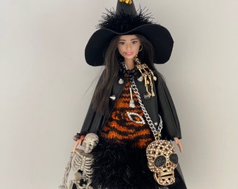 Fashion doll dressed in handmade Witch Goth clothes accessories unique gift FREE post (p)