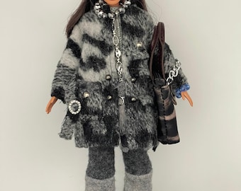 Fashion doll with grey wool clothes handmade OOAK doll gift