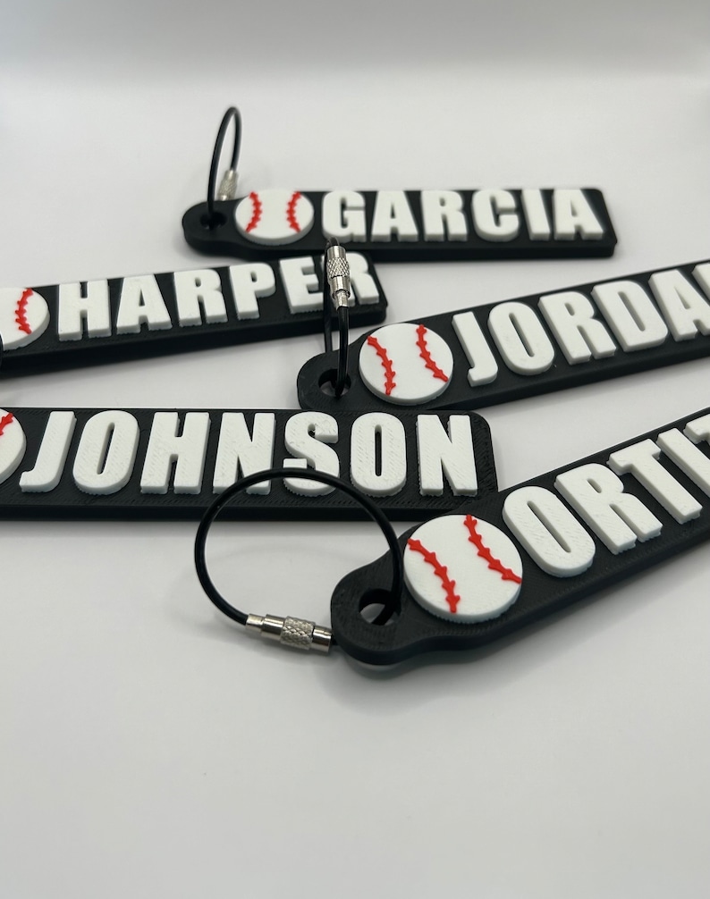 Personalized Baseball Keychain, Backpack Tags, 3D Printed Keychain, Sports Bag Tags, Name Tag Keychains image 1