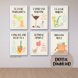 Cat Themed Bar Cart Gallery Wall, Cocktail Print van 6, Bar Cart Wall Art, Kleurrijk Bar Cart Decor, Bar Art Prints met ingrediënten