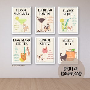 Hond Themed Bar Cart Gallery Wall, Cocktail Print van 6, Bar Cart Wall Art, Kleurrijke Bar Cart Decor, Bar Art Prints met ingrediënten